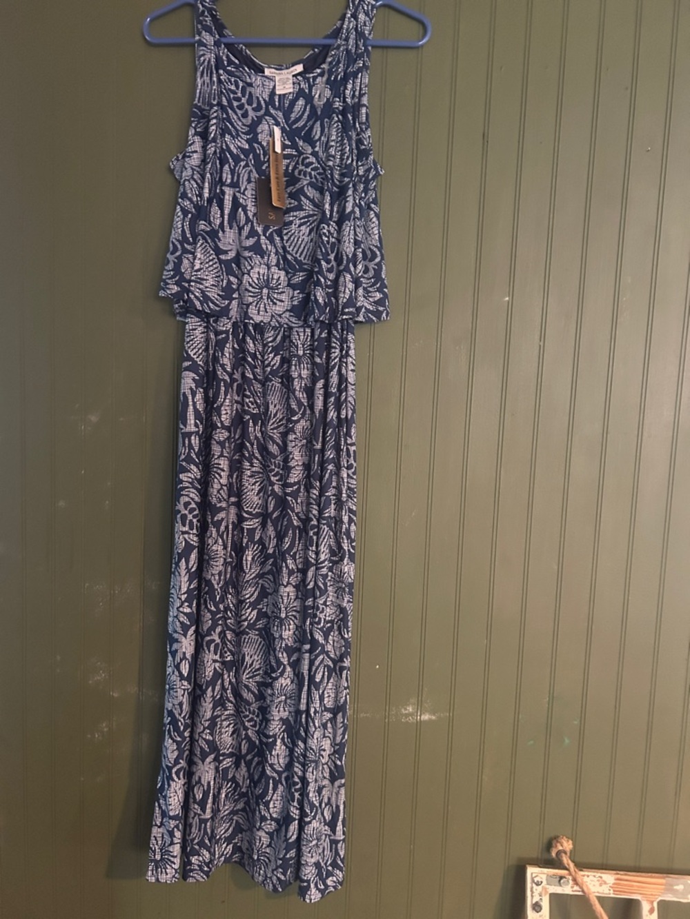 Sleeveless Navy Floral Maxi Dress with Ruffle Bodice